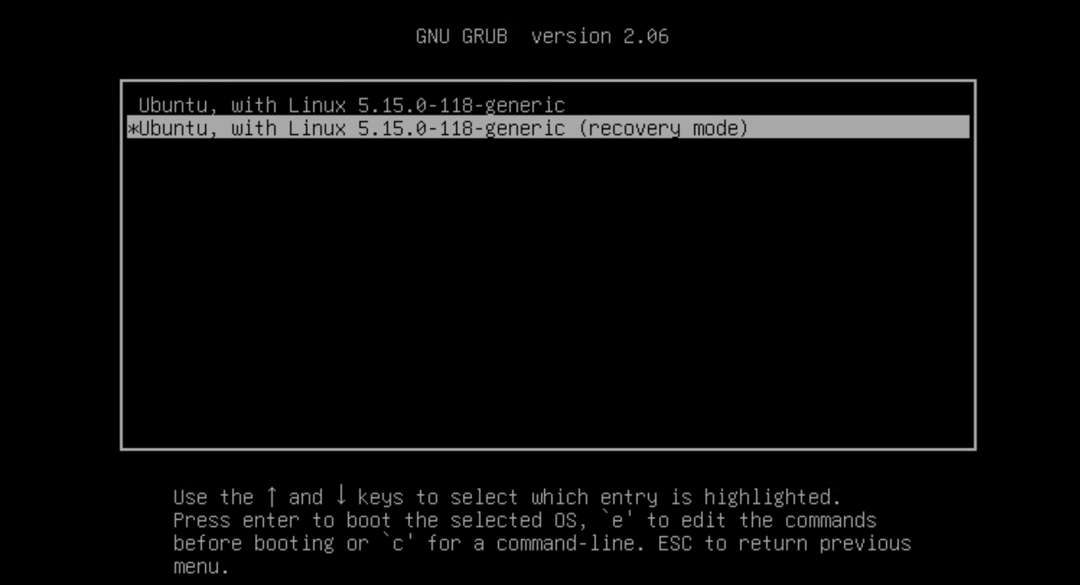 GNU GRUB 2.06 menu screen with options to boot Ubuntu 5.15.0-118-generic standard or recovery mode.