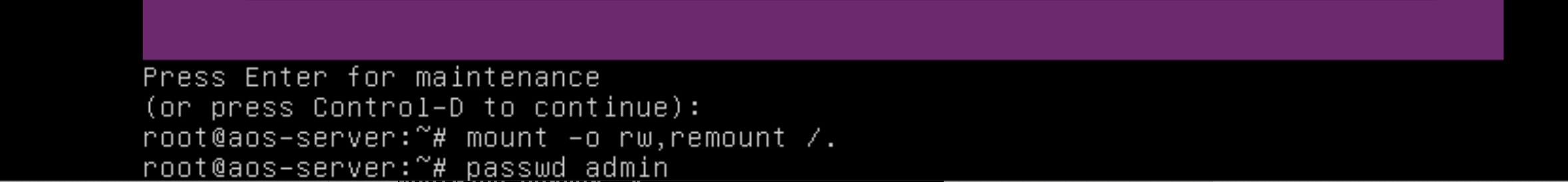 Terminal screen in maintenance mode showing prompt to press Enter for maintenance or Control-D to continue. Commands executed: remount root with read-write permissions and change admin password.