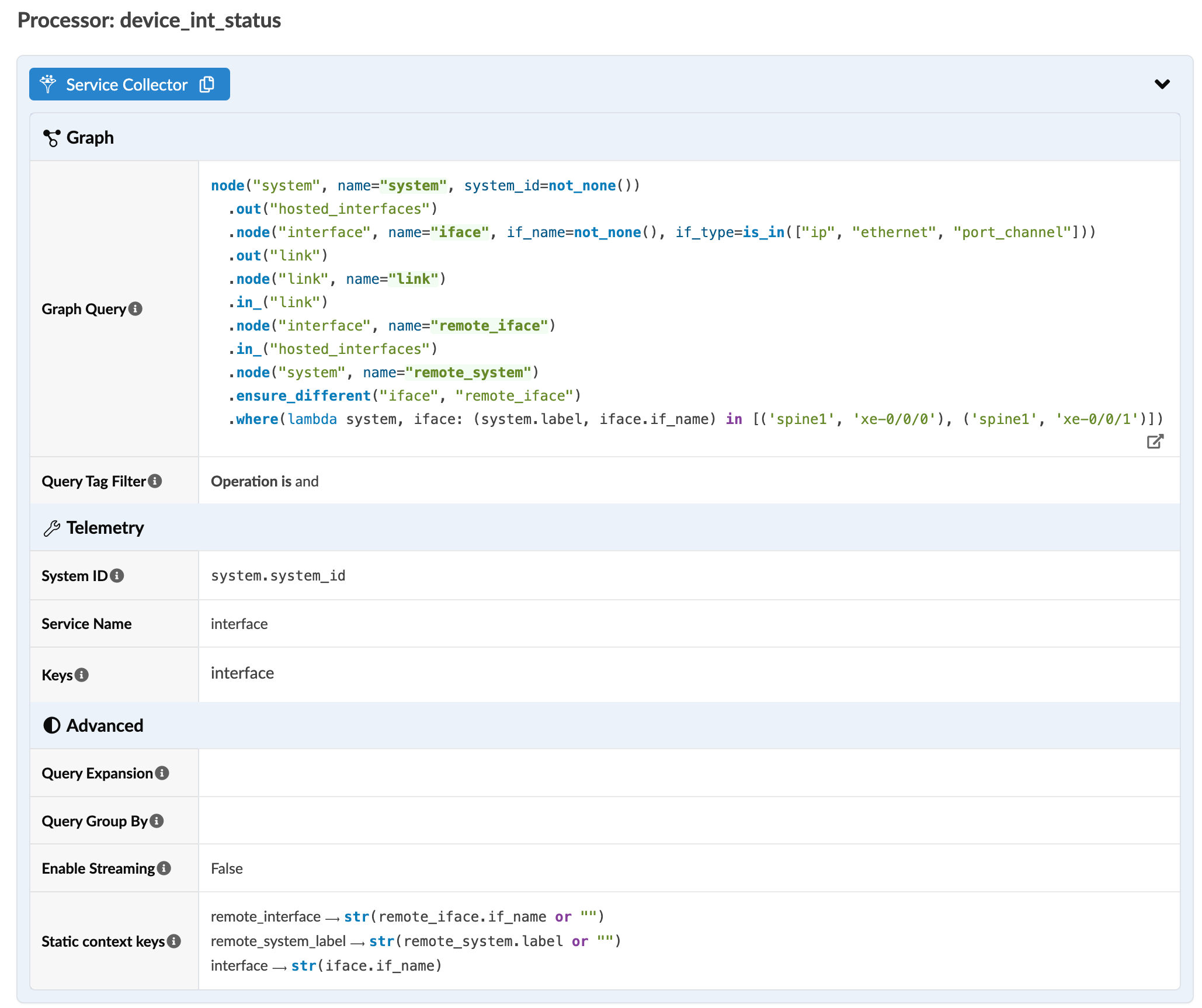 Configuration interface for processor device_int_status in a network management tool showing service collector, graph query for systems and interfaces, query tag filter, telemetry details, and advanced options for query expansion and streaming.