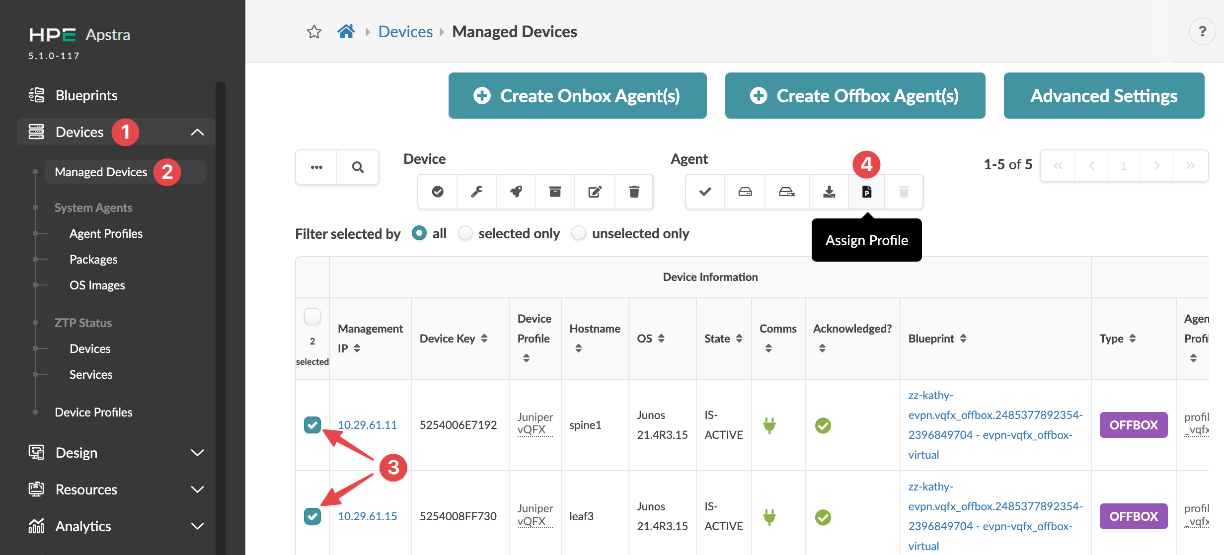 HPE Apstra Managed Devices interface showing navigation menu, device management table with selected devices 10.29.61.11 and 10.29.61.15, and Assign Profile button highlighted.