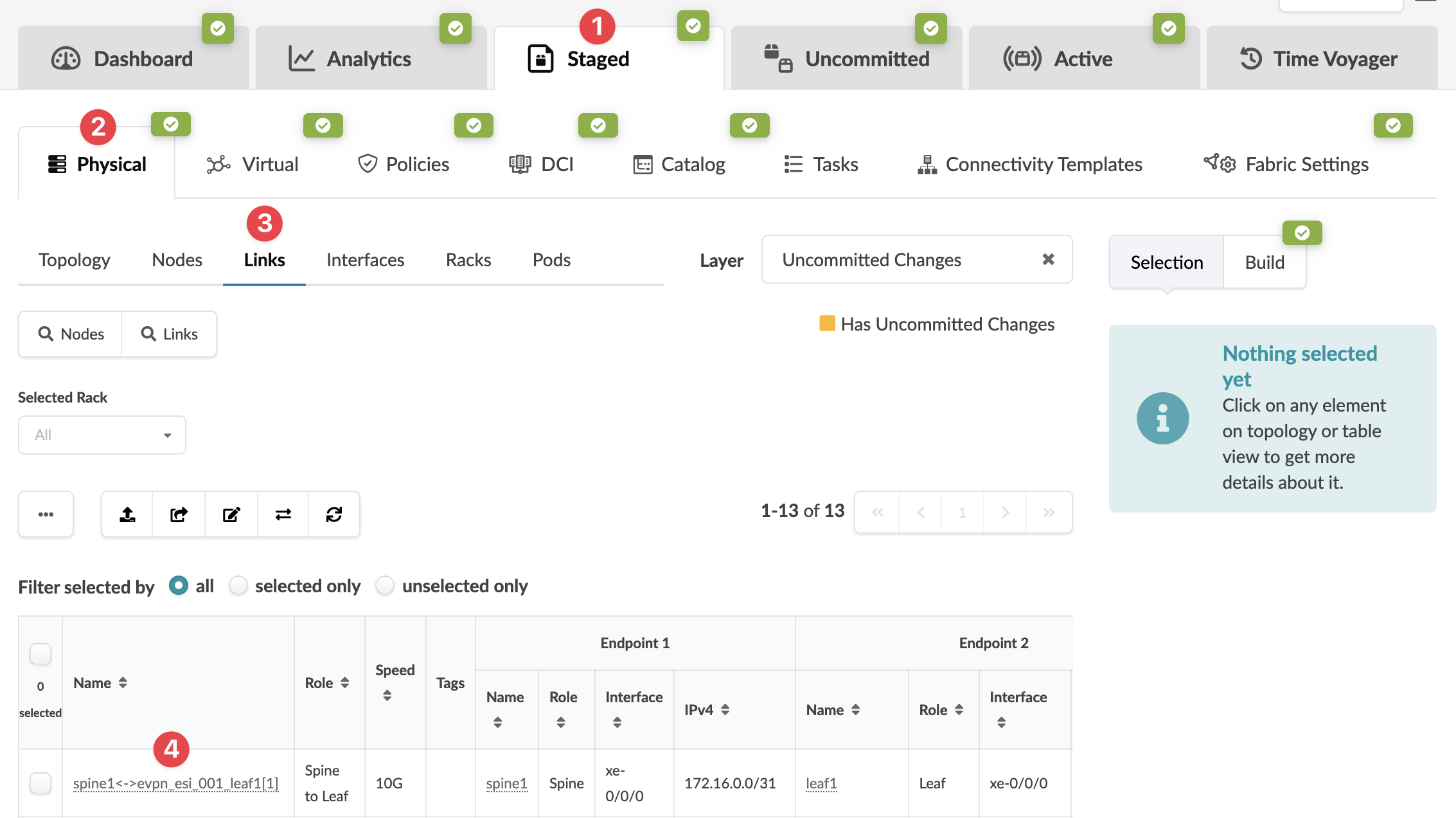 User interface of a network management tool showing tabs, navigation menu, subsections, and a table of network links with details like name, role, speed, tags, and endpoints.