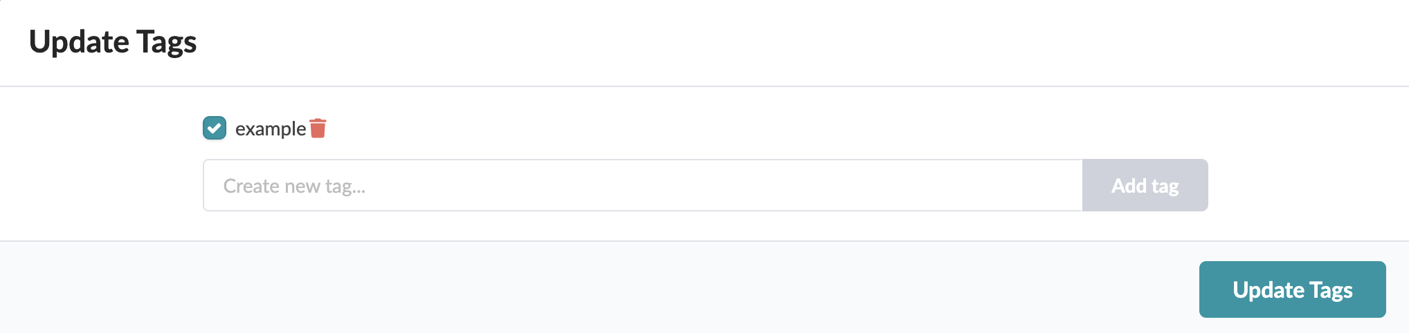 User interface for managing tags: includes Update Tags section, checkbox labeled example with delete icon, text field labeled Create new tag with Add tag button, and teal Update Tags button.