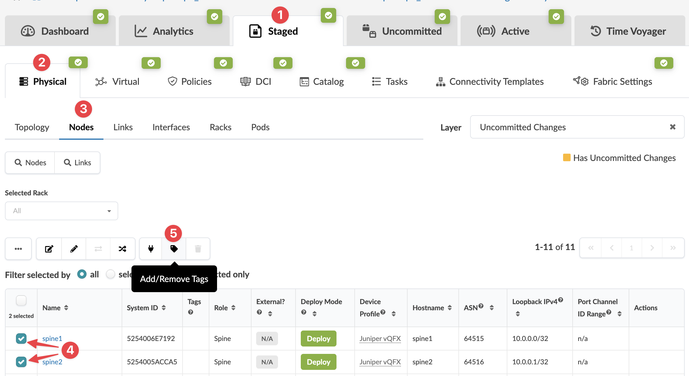Network management interface showing uncommitted staged configurations for physical nodes. Spine1 and spine2 switches selected. Tooltip over Add/Remove Tags button.