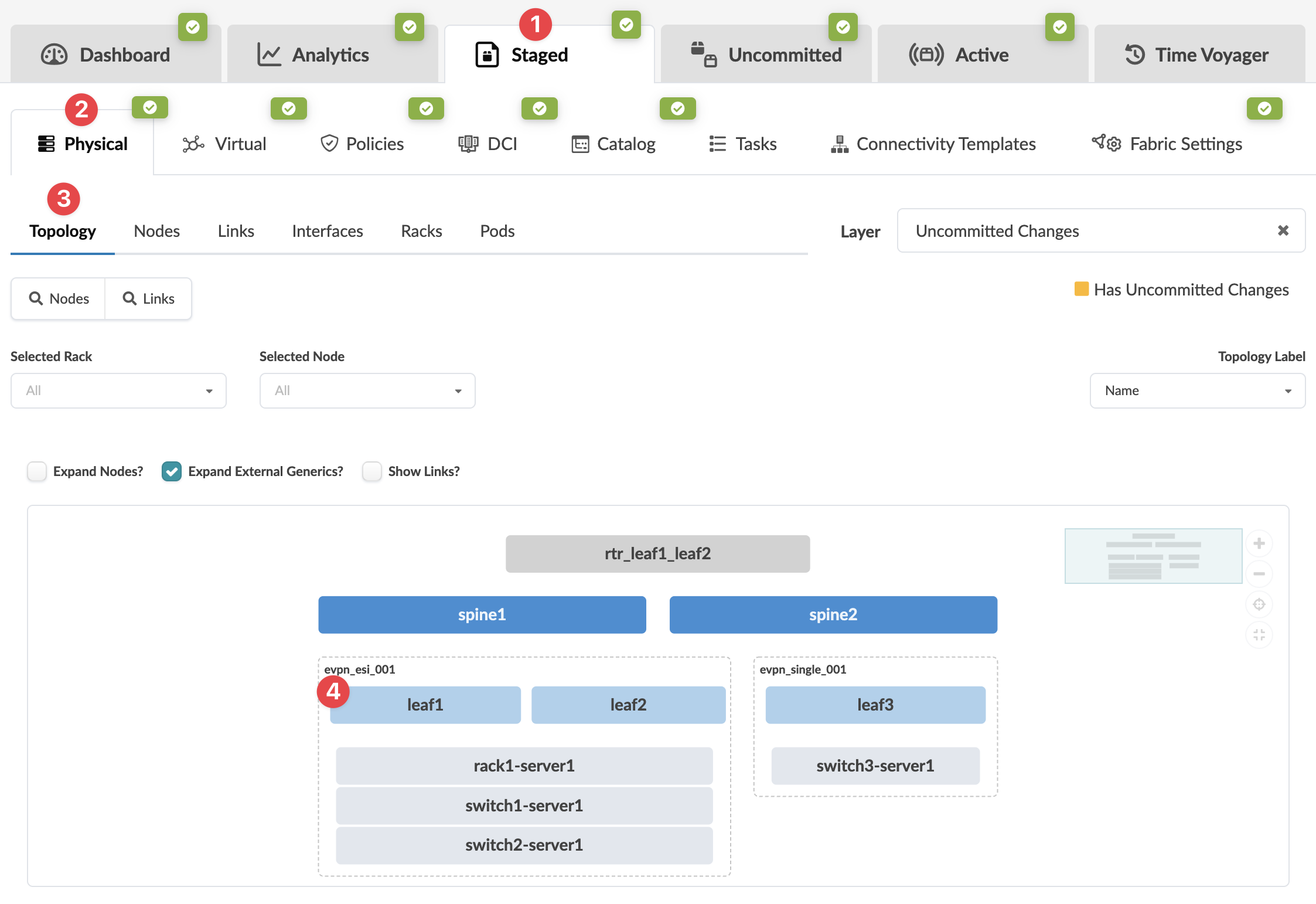 Screenshot of a network management tool showing a staged network topology with spine-leaf architecture. Spine nodes spine1 and spine2 connect to leaf nodes leaf1, leaf2, and leaf3, which link to servers and switches. Tabs like Staged and navigation options like Physical and Virtual are visible for managing network states and configurations.