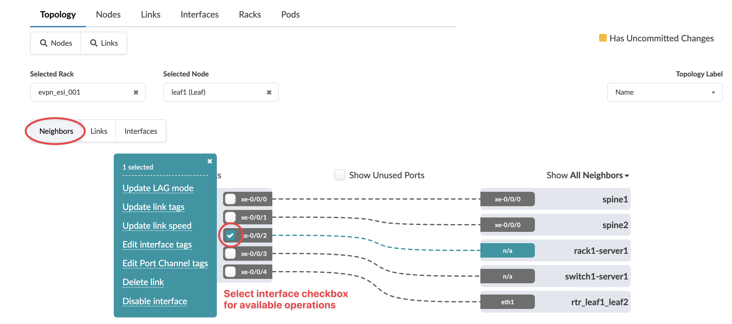 Screenshot of a network topology interface showing a rack evpn_esi_001 and node leaf1 Leaf. Neighbors tab displays connections to devices like spine1 and spine2. Interface xe-0/0/2 is selected. Context menu offers options like Update LAG mode and Disable interface.