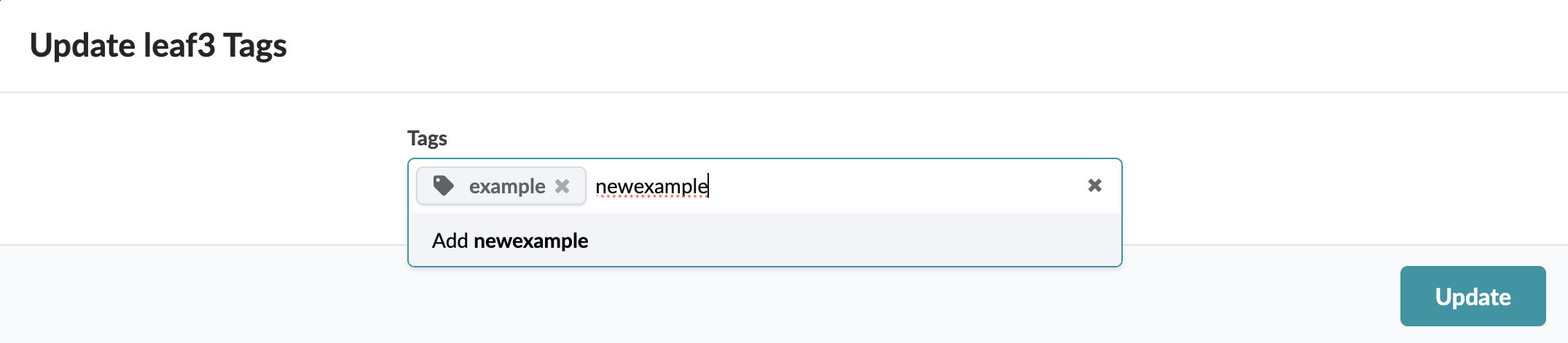 User interface for updating tags for leaf3 with text field showing tag example and typed newexample. Update button present.