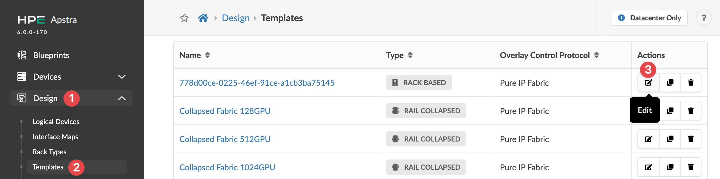 HPE Apstra interface showing Templates section under Design menu with a table listing template names, types, overlay control protocols, and actions like edit, duplicate, and delete.