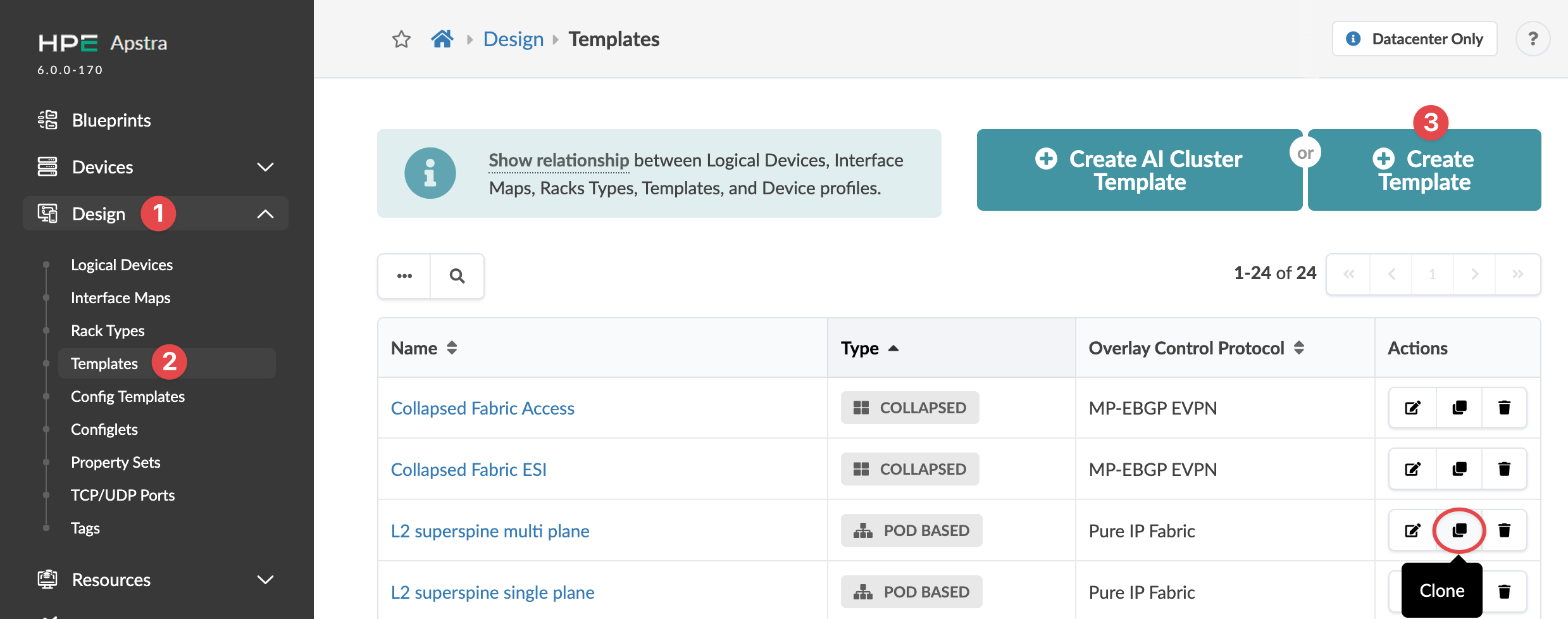 HPE Apstra Templates section under Design menu showing navigation panel, templates list, action buttons, informational banner, and pagination controls.