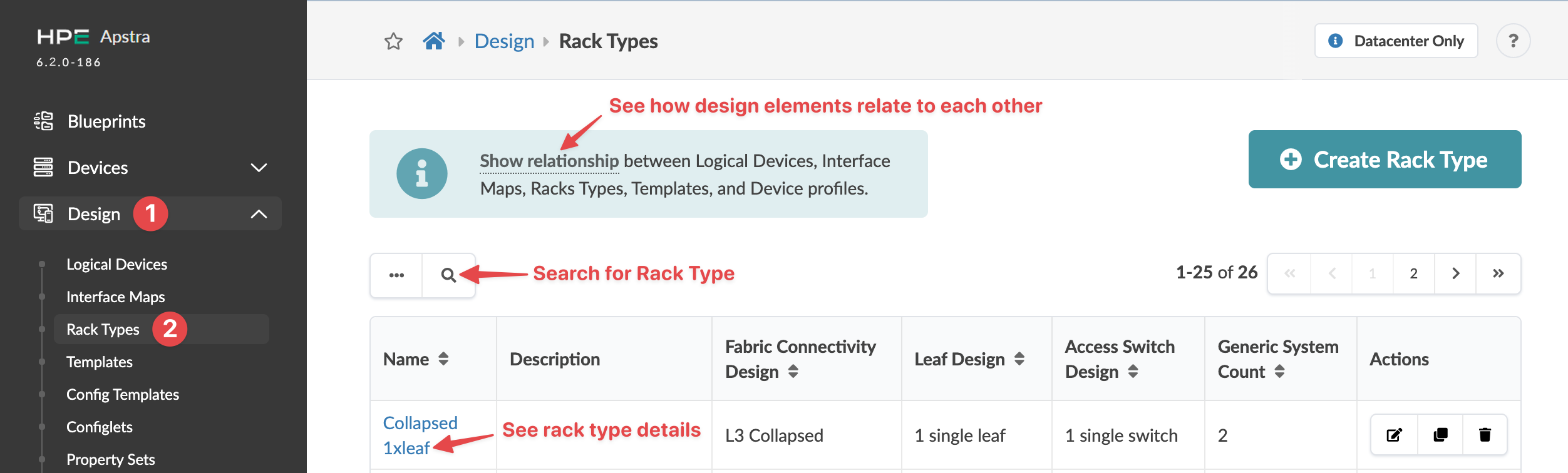 HPE Apstra interface showing Rack Types section under Design menu with a table listing rack types, search bar, and Create Rack Type button.
