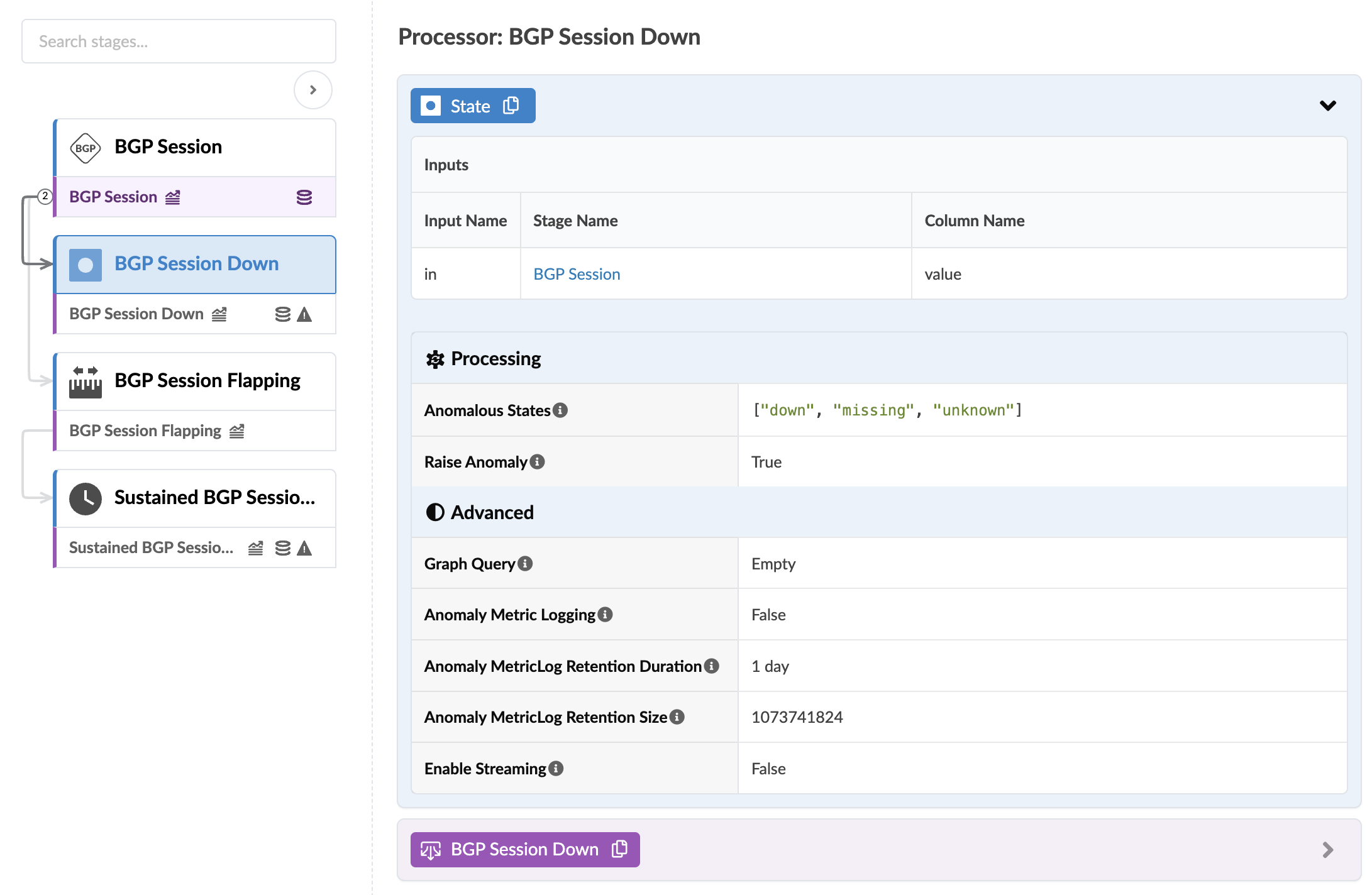 Configuration interface for BGP Session Down processor showing stages list and processor details including inputs, anomalous state settings, and retention settings.