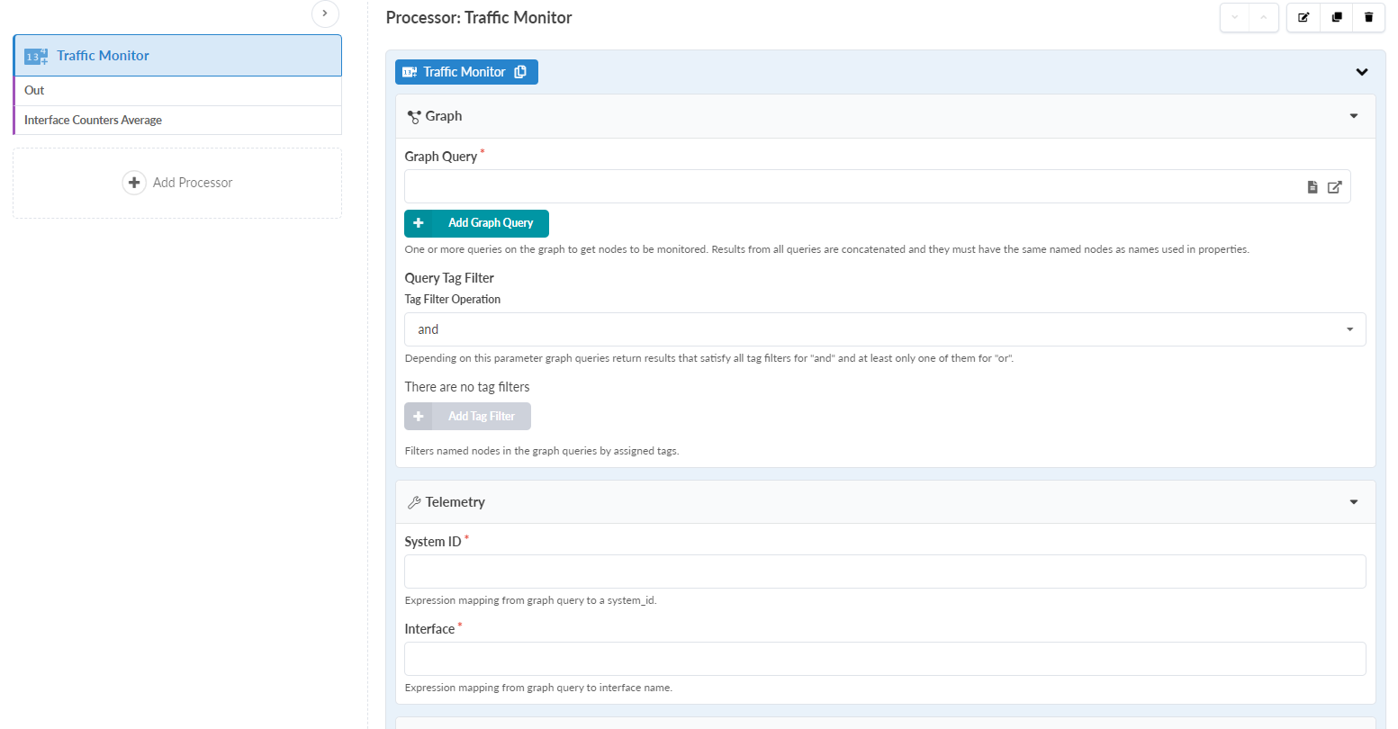 Configuration interface for Traffic Monitor processor. Sections for Processor setup, Graph Query with Add Graph Query button, Telemetry mapping, and top-right control buttons for save, edit, and delete.