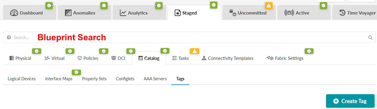 Network management interface with tabs like Dashboard, Anomalies, and Time Voyager, Blueprint Search bar, subsections including Physical, Virtual, and Policies, Create Tag button, green checkmarks for active states, and yellow warning icon near Tasks.