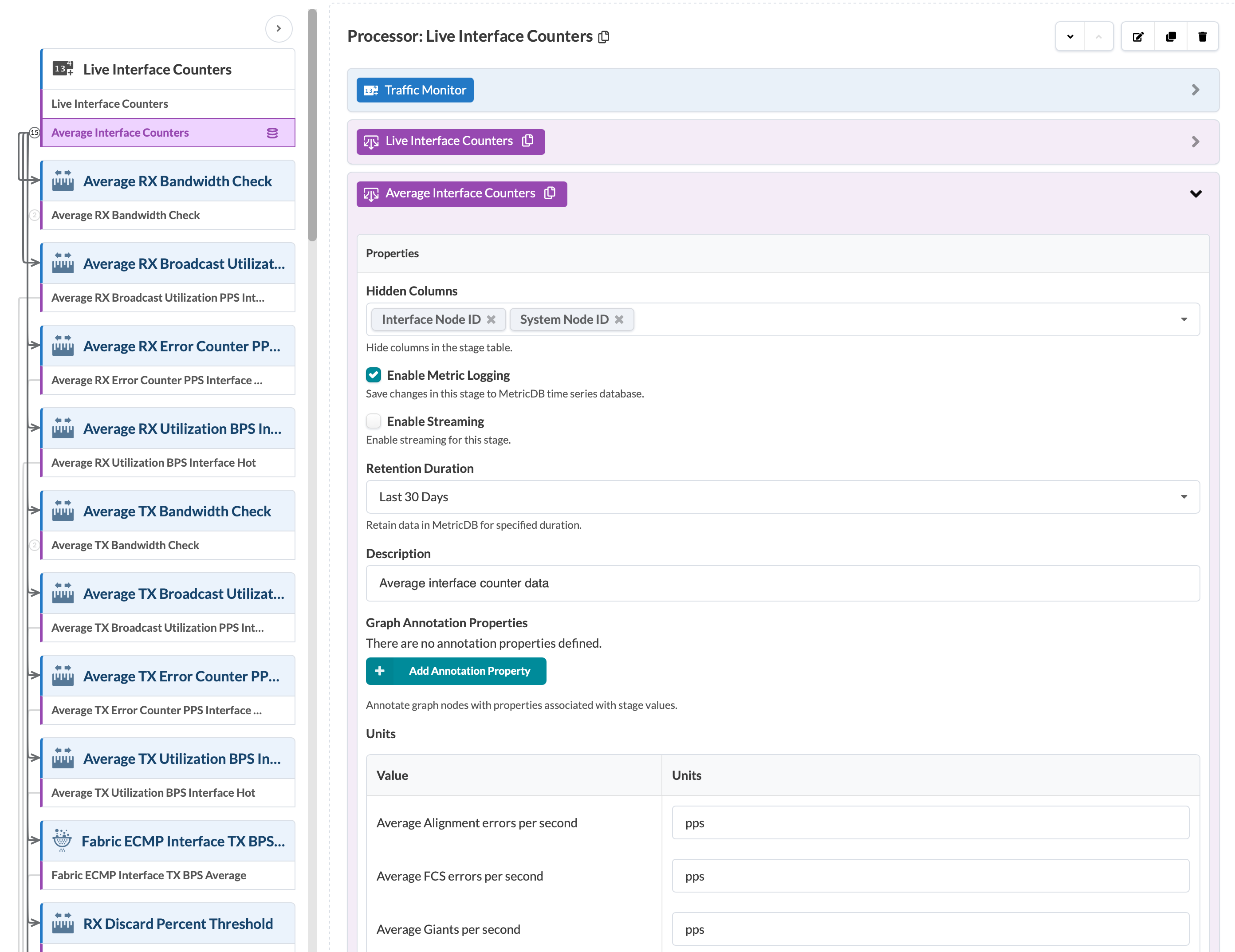 Software interface for monitoring network performance, showing Live Interface Counters with metrics like Average RX Bandwidth Check and settings for metric logging and graph properties.