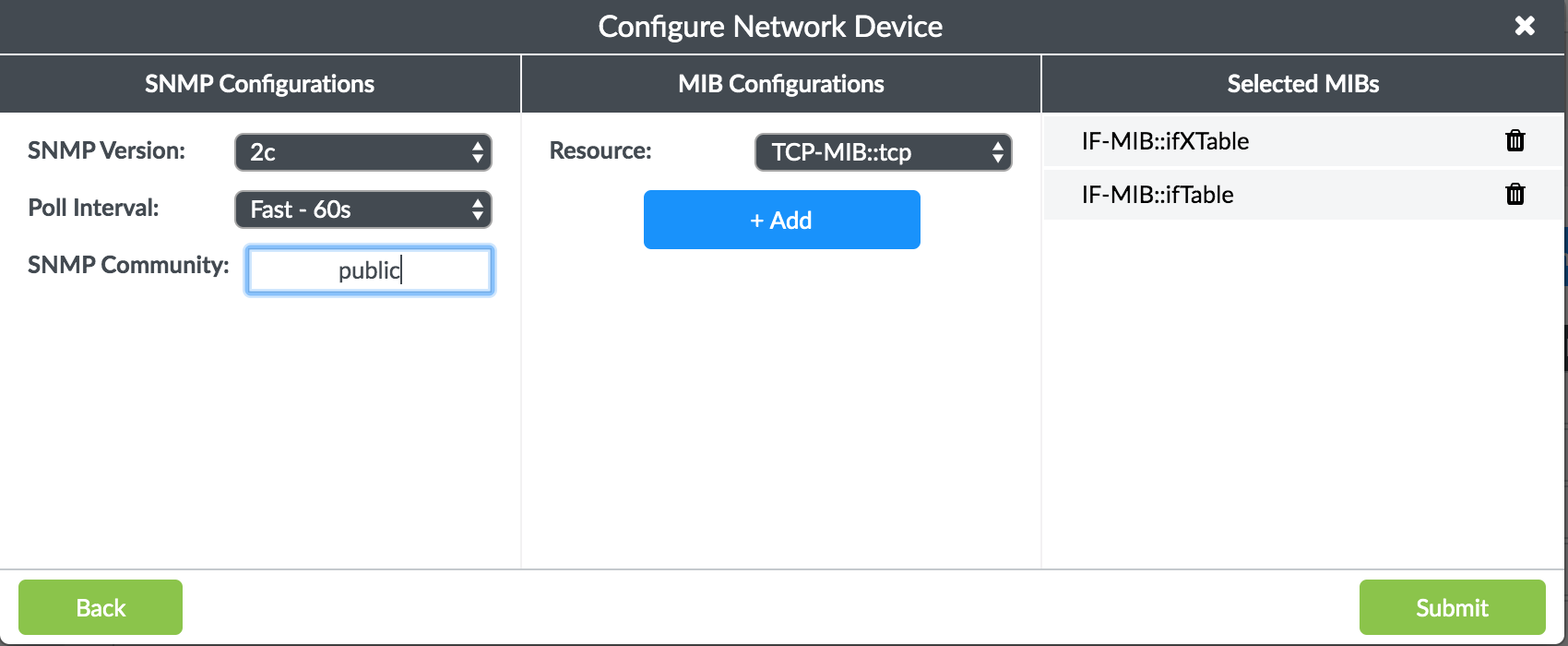 SNMP Configuration Parameters in Configure Network Device Page