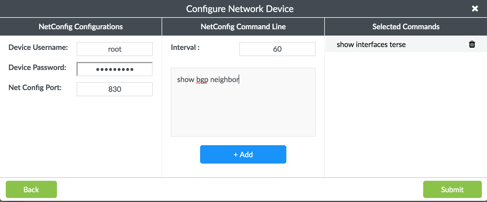 Configure NETCONF Command and Interval for Network Devices