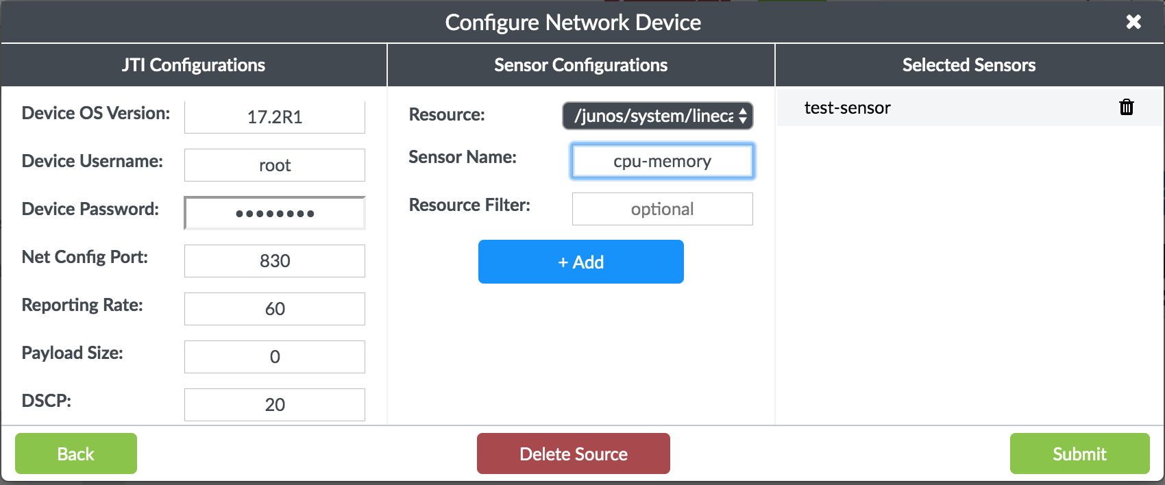 JTI Configuration Parameters in Configure Network Device Page