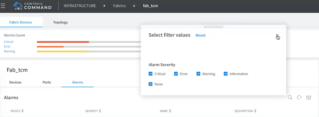 Select Filter Values in Fabric Alarms