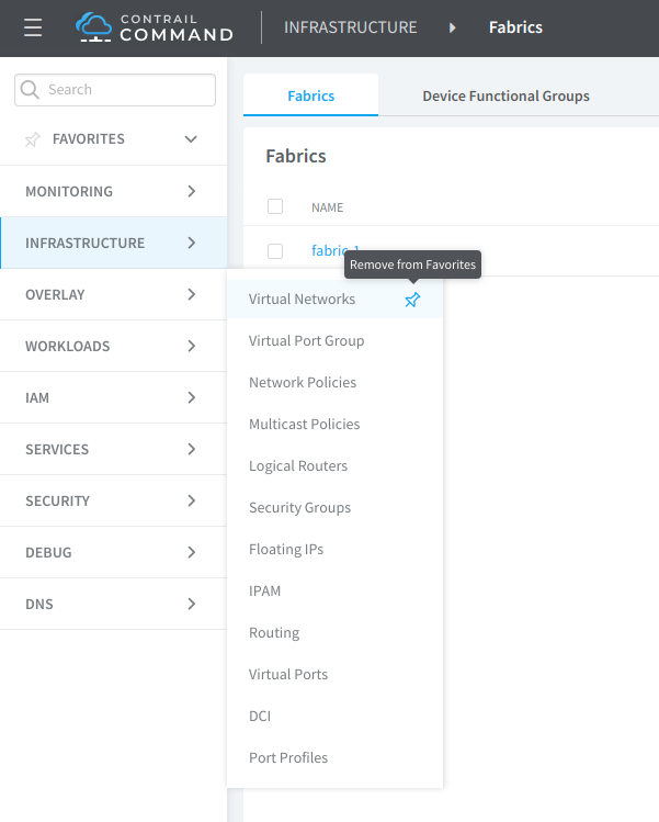 Contrail Command Favorites Function–Remove Page in Panel