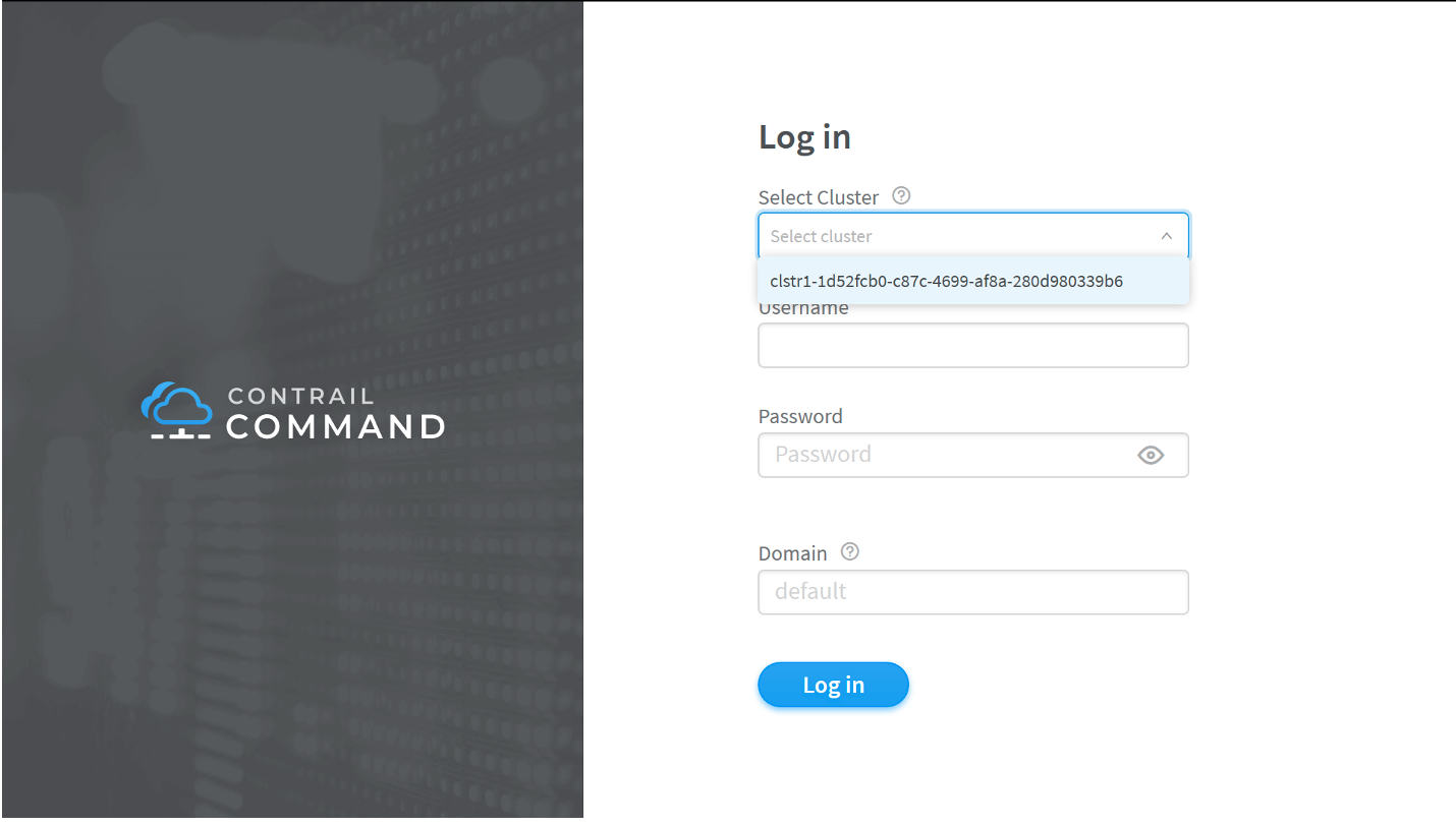 Contrail Command Login Homepage—Select Cluster