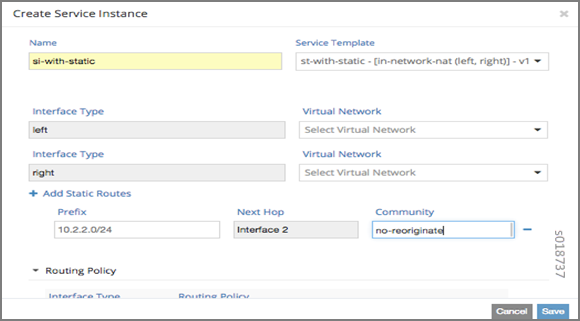 Configuration interface for creating a service instance with fields for service name, template, interface types, virtual networks, static routes, and routing policies. Includes save and cancel buttons.