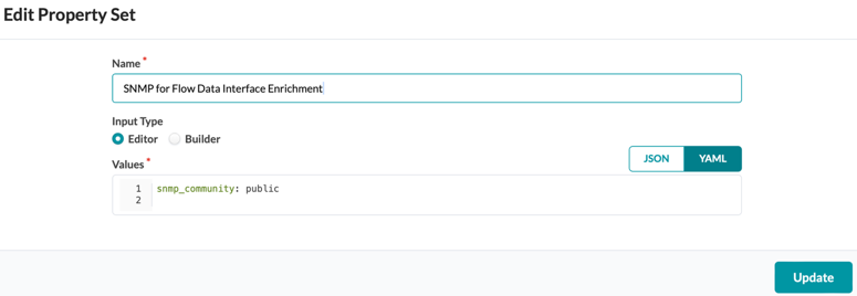 User interface for editing a property set with Name field SNMP for Flow Data Interface Enrichment, Editor input type selected, YAML configuration showing snmp_community: public, YAML view selected, and Update button to save changes.