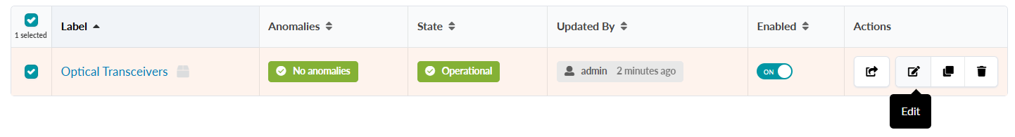 Dashboard table showing optical transceivers with no anomalies and operational state, updated by admin 2 minutes ago, enabled toggle ON, and action buttons including highlighted Edit.