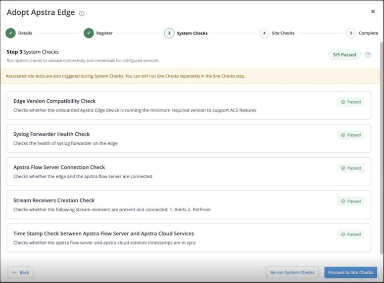 Adopt Apstra Edge wizard page with system check results.