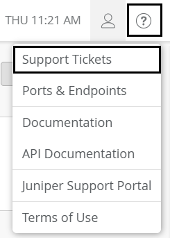 Help menu expanded with the Support Tickets submenu highlighted.