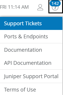 The Help menu with the Support Ticket notification badge highlighted.
