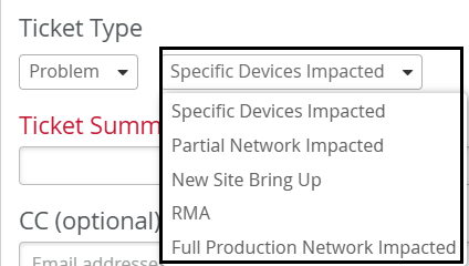 The Specific Devices Impacted drop-down list that lists the Impact options.