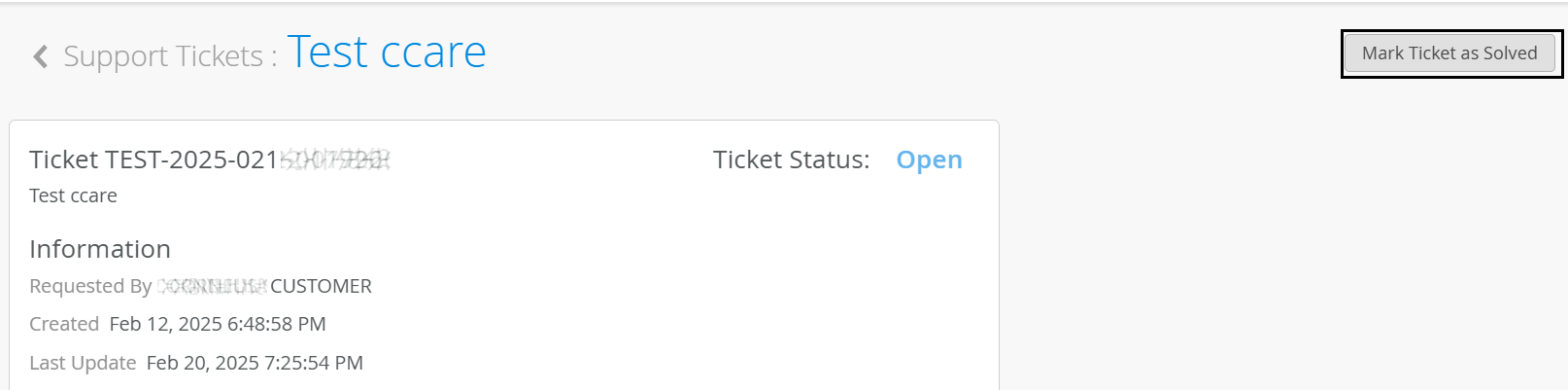 The ticket summary page with the Mark Ticket as Solved button highlighted.