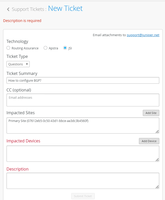 The Support Ticket creation page. Mandatory fields are highlighted in red.