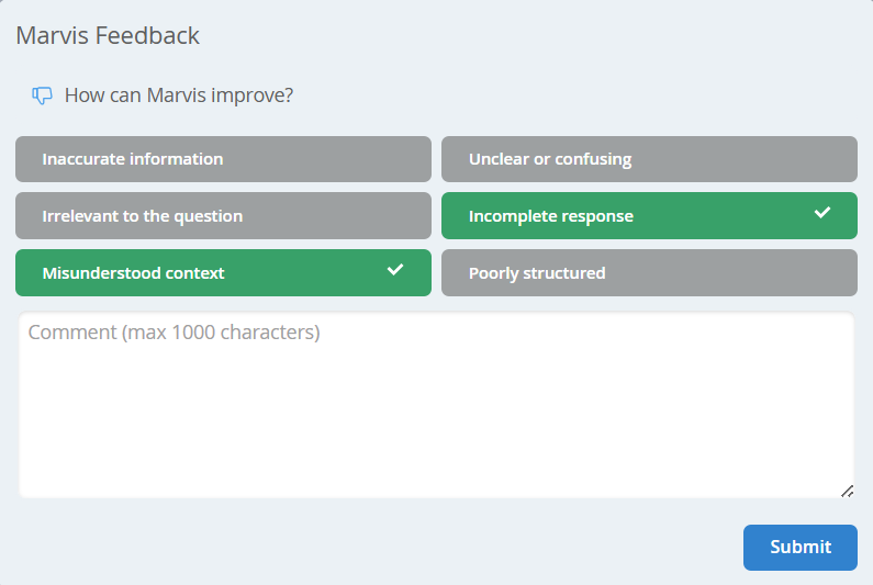 Marvis feedback dialog box to provide negative feedback. You can select an option from a predefined set of feedback options and add comments.