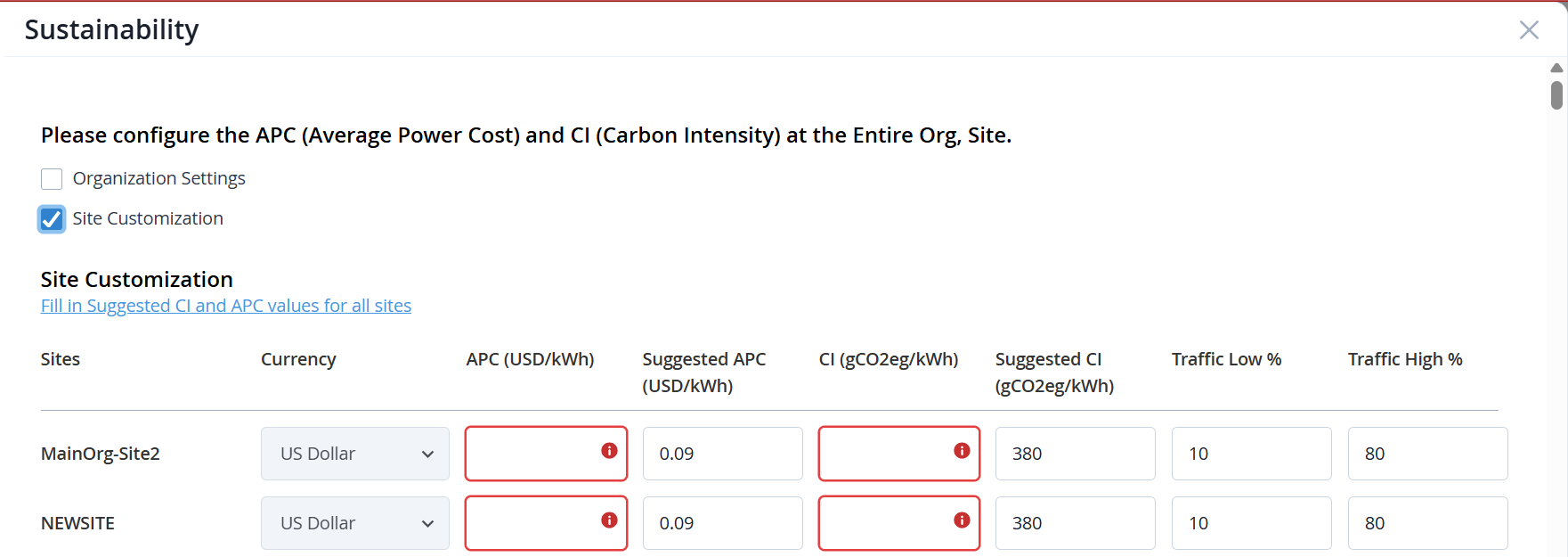 Sustainability Settings at the Site-Level