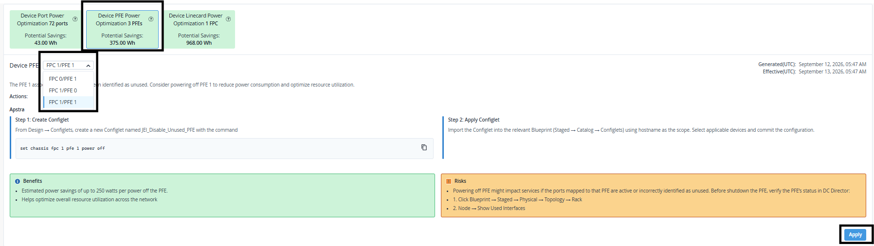 Device PFE Power Optimization Sample Recommendation