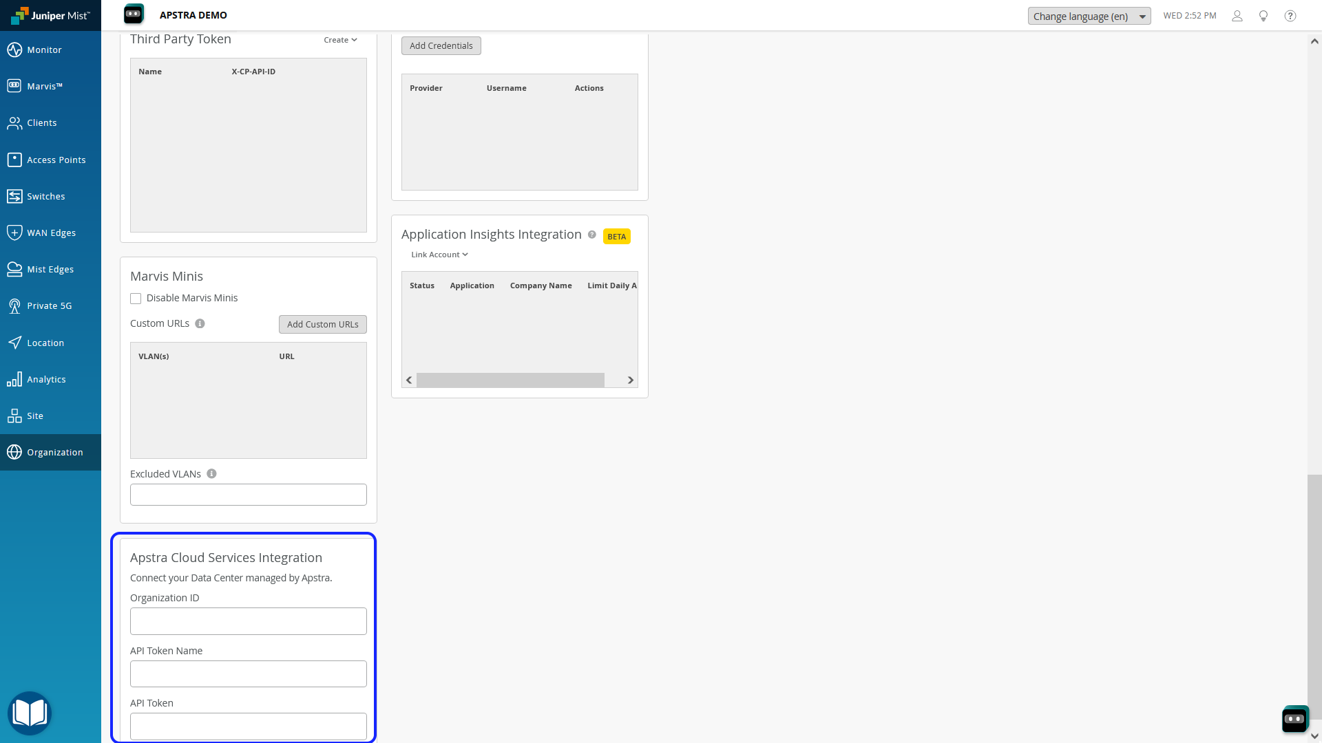 Juniper Mist dashboard interface in Organization section with panels for managing tokens, credentials, application insights, Marvis Minis, and Apstra integration.