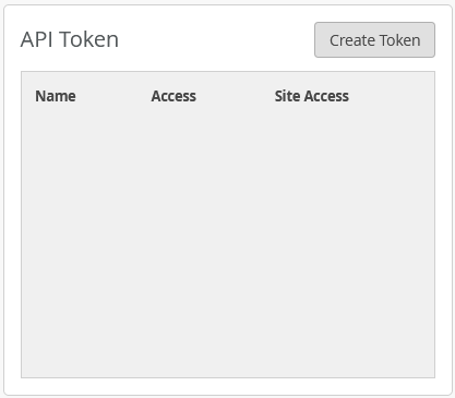 User interface for managing API tokens with an empty table labeled Name Access Site Access and a Create Token button.