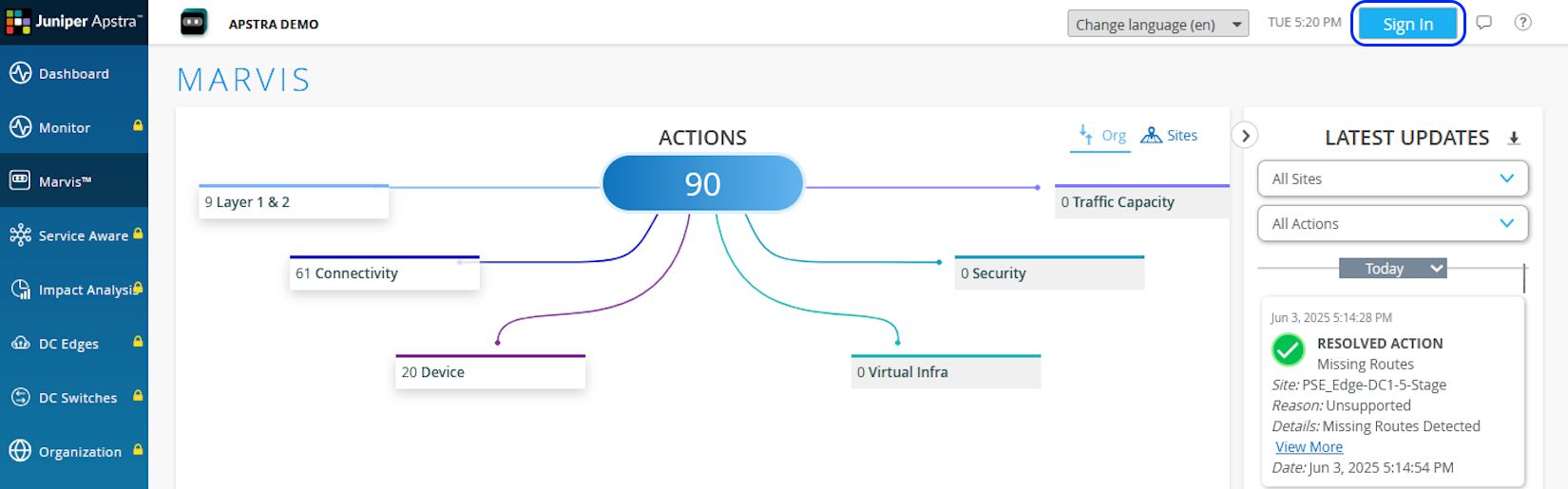 Data Center Assurance dashboard showing Marvis section with 90 actions: 61 Connectivity, 20 Device. Latest Updates panel highlights resolved missing routes.
