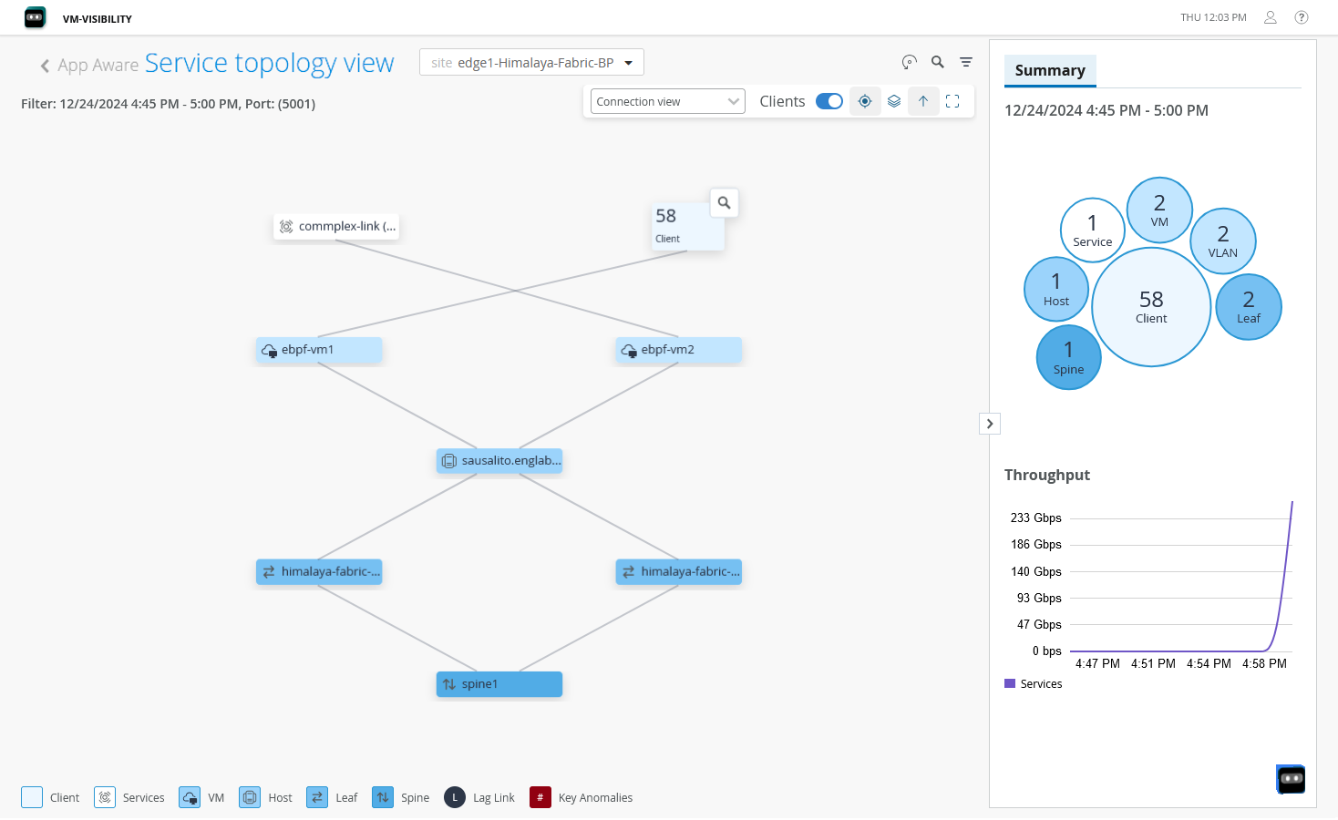 Service topology view for the selected site showing network topology, device counts, and throughput metrics.