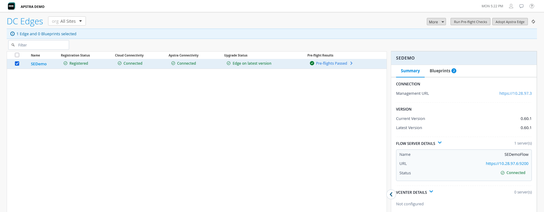 DC Edges page with a list of onboarded Apstra Edge devices along with their connectivity and version details.