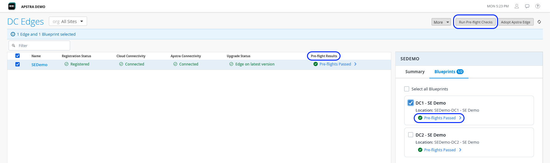 DC Edges page with an Edge device selected. The Run Pre-flight Checks button and the column with the Pre-flight Results are highlighted.