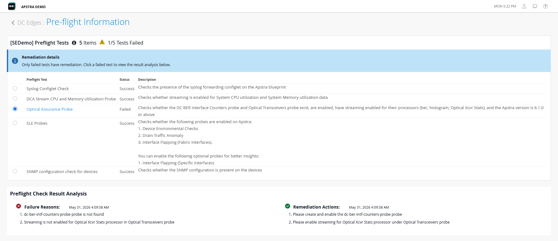Pre-flight Information page with the descriptions of the tests, status of the tests, and recommended action on failure.