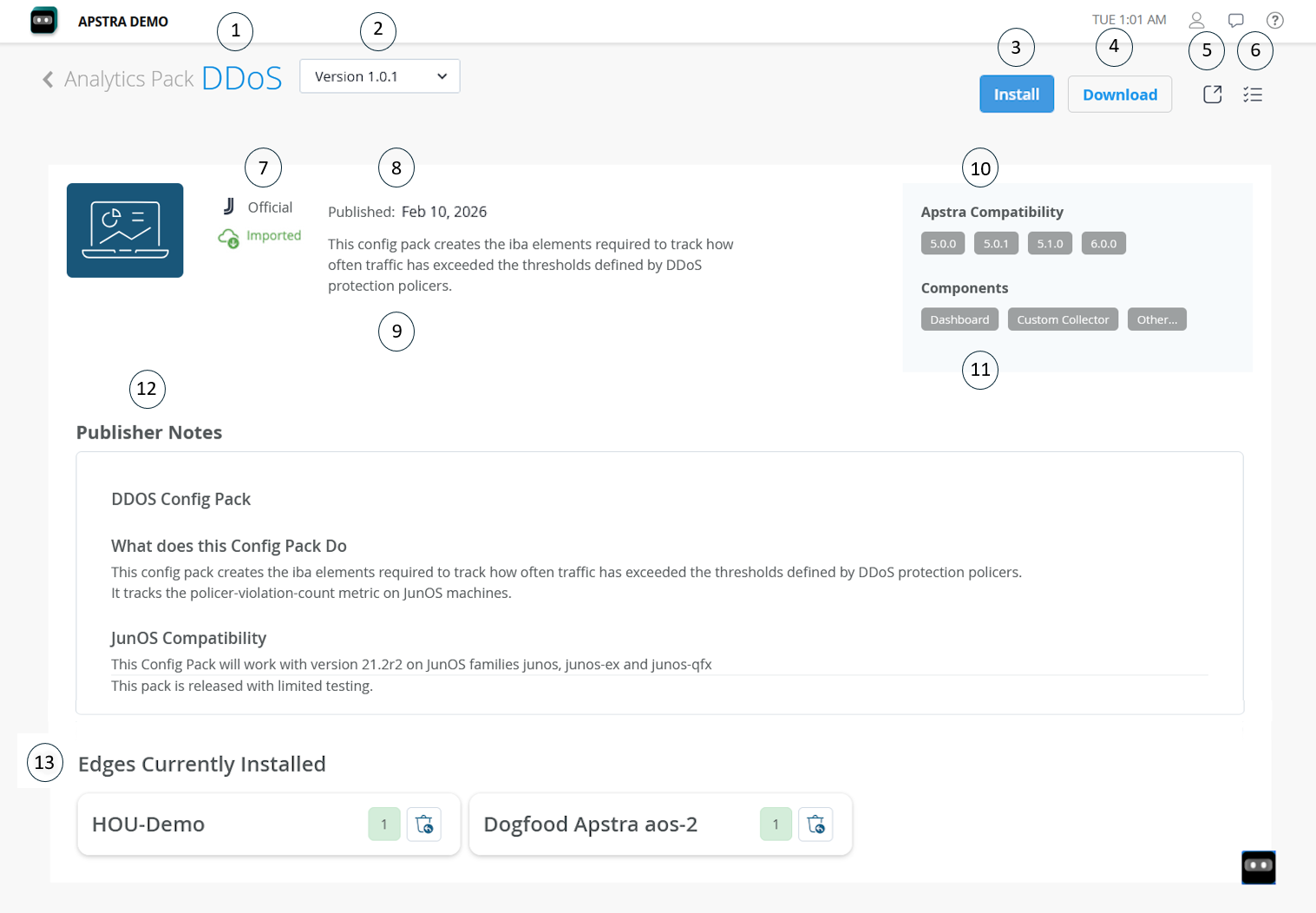 Add-on details page for DDOS with the different options numbered.
