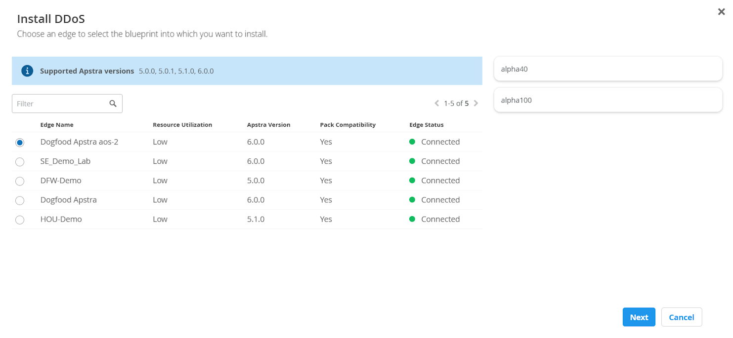 Install Add-on dialog box with a list of Edges and blueprints.