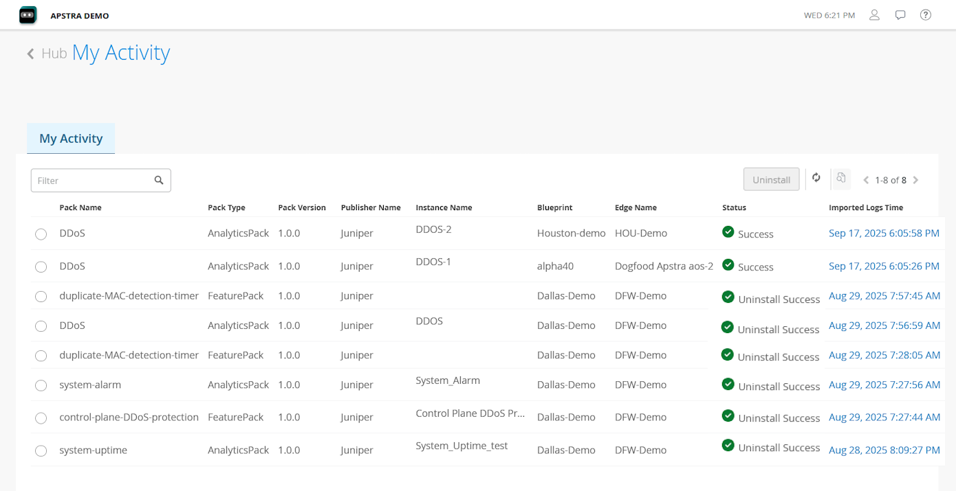 My Activiy page with all records of user actions listed.