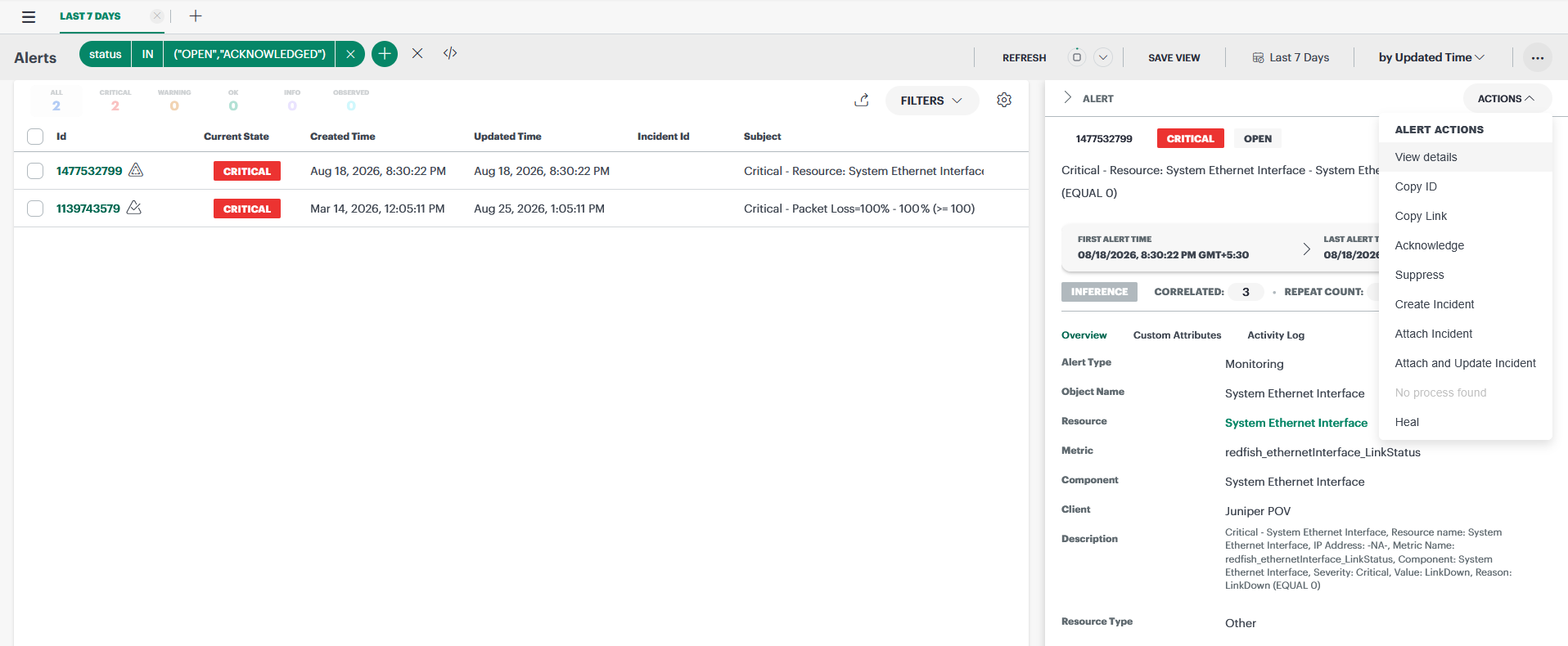 Alerts page with open and acknowledged alerts received from Data Center Assurance in the last seven days.