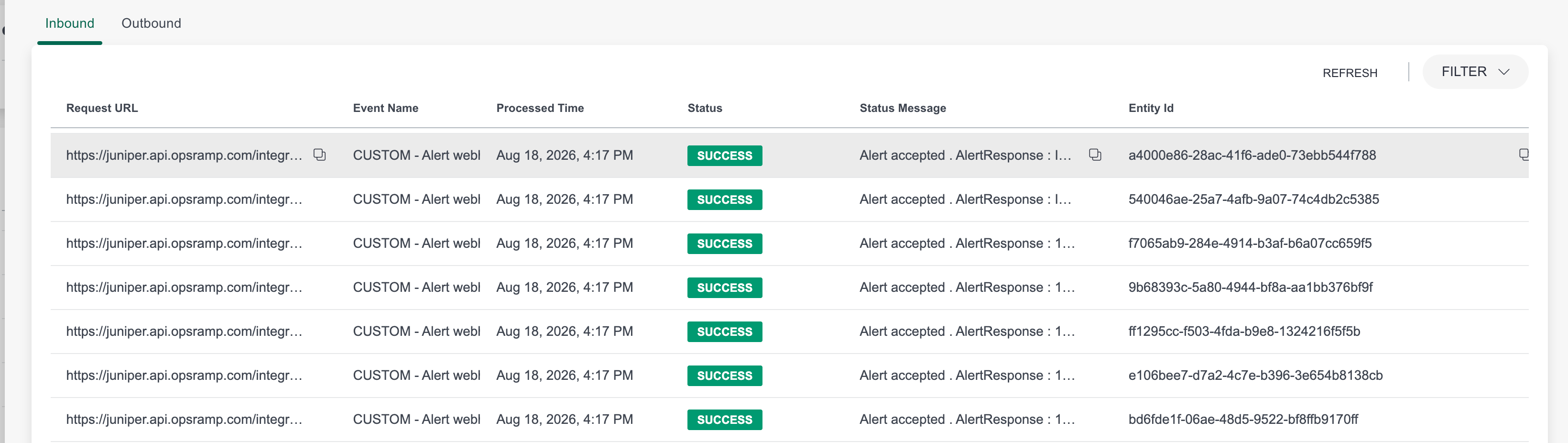 Inbound alert logs received from Data Center Assurance on OpsRamp.