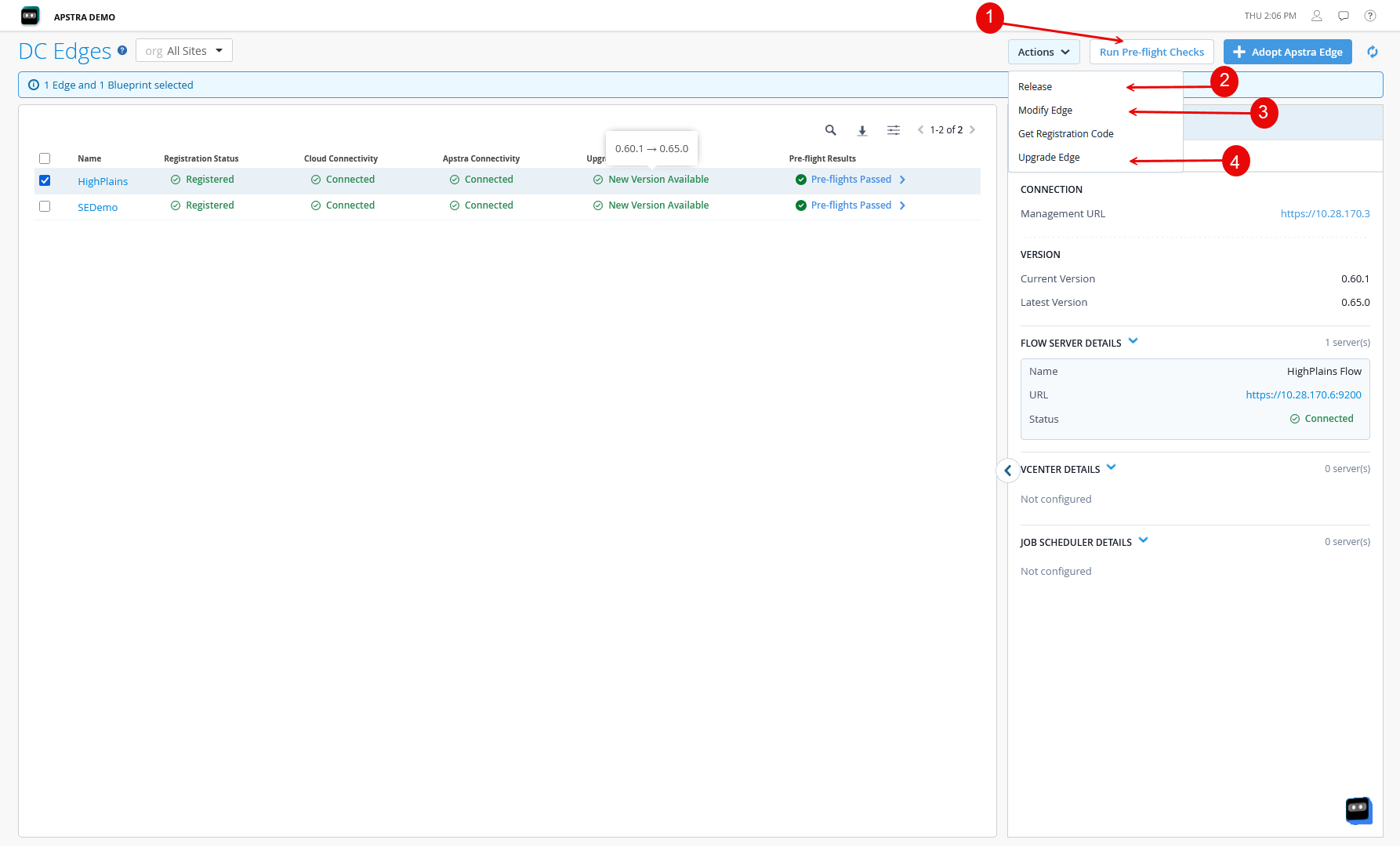 The DC Edges page with the list of onboarded Edges and their details.