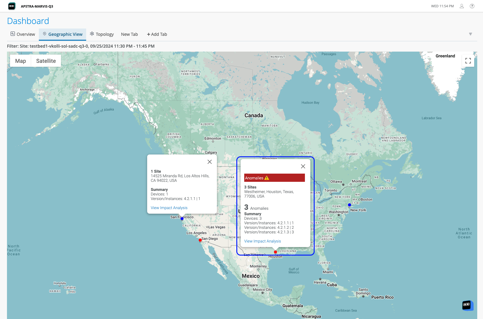 Juniper Apstra dashboard showing Geographic View tab with North America map, network site markers, and anomalies flagged in Houston, Texas.