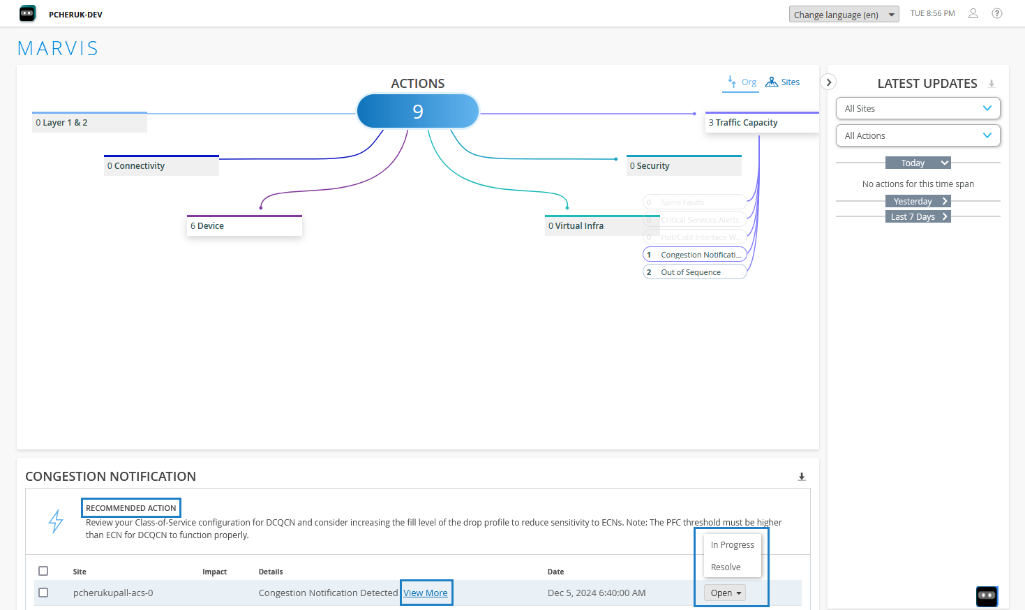 Marvis Actions Dashboard on Juniper Data Center Assurance displaying various issue types and detailed information about the selected issue along with a recommended action to resolve the issue.